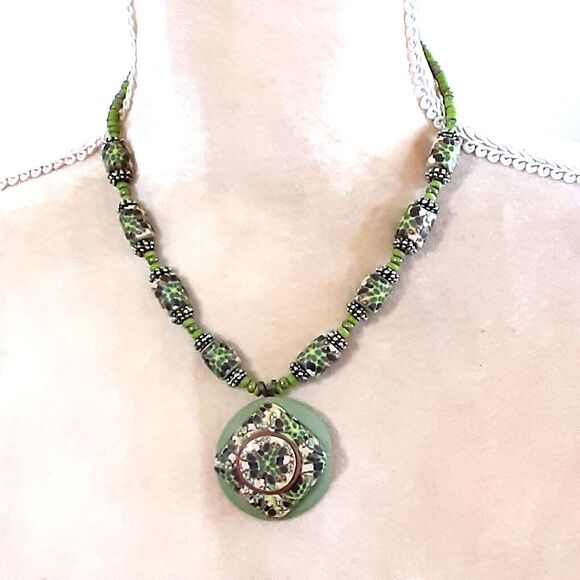 Artistic handmade signed beaded lime green necklace clay pendant - Picture 1 of 3